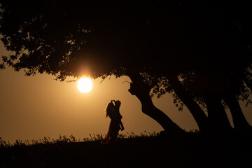 A mother is hugging her child under a tree at sunset