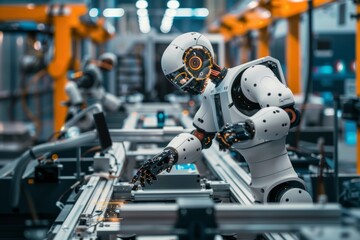 Fototapeta premium A fully automated factory floor with robots and advanced machinery working in perfect harmony, symbolizing the rise of intelligent manufacturing and Industry 4