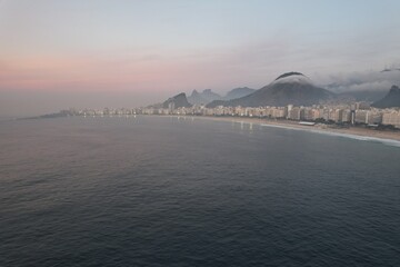 Aerial views from over Copacabana Beach at sunrise