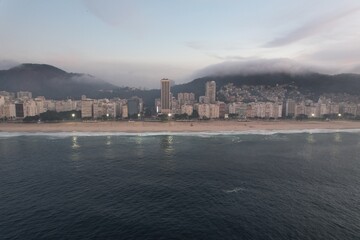Aerial views from over Copacabana Beach at sunrise