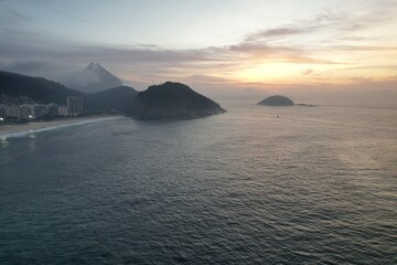 Aerial views from over Copacabana Beach at sunrise