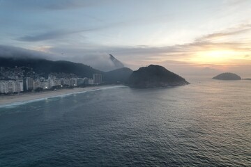 Aerial views from over Copacabana Beach at sunrise
