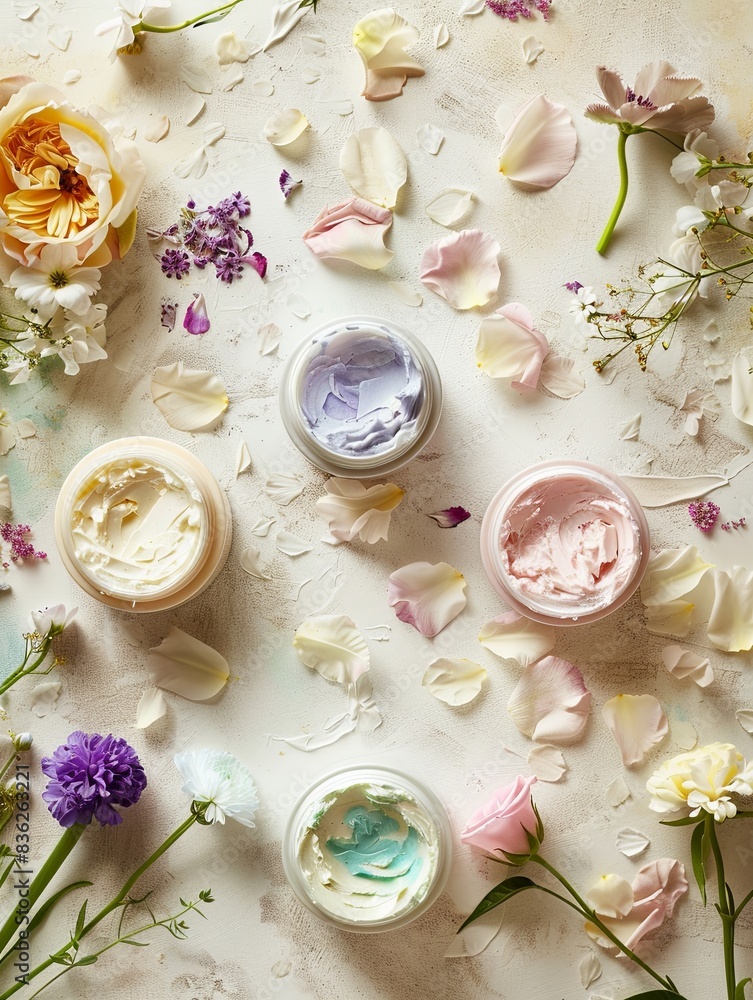 Poster various face masks and creams in jars arranged on a white background with flower petals. generative 