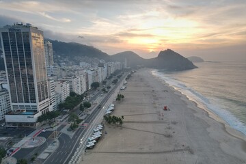 Fototapeta premium Aerial views from over Copacabana Beach at sunrise