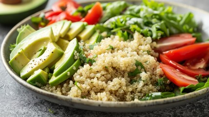 Hearty Quinoa and Avocado Salad on Gray Backdrop