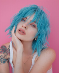 Naklejka premium Transgender woman bright blue hair, posing confidently against soft pink studio background