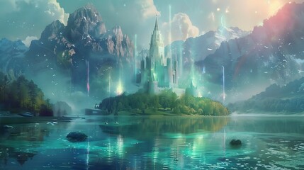 A serene, crystal-clear lake with an island in the center, where a grand wizard's tower stands