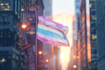 Naklejka premium Brightly colored transgender flag displayed prominently in cityscape background.
