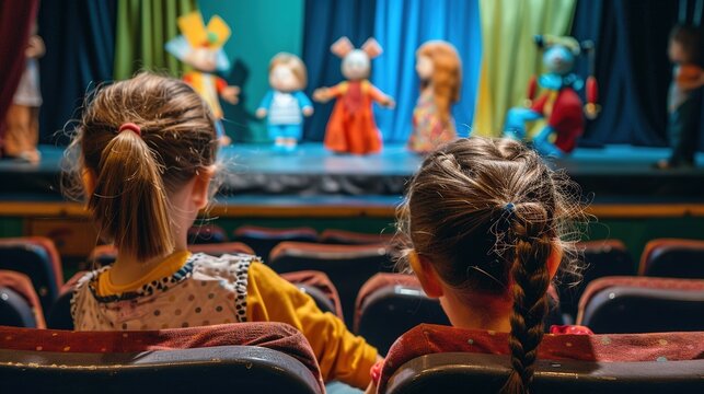 On Children's Day, children watch a puppet show in a theater, sitting in the seats facing away from them. The show has a concept aimed at children.