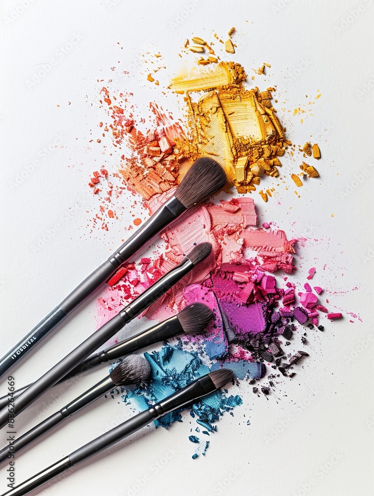 Poster close-up shot of multiple makeup brushes on a white background covered in vibrant eyeshadow and blus