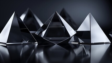 Shimmering geometric pyramids in dark space, 3D rendering