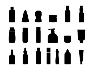 Set of Cosmetic product bottle Silhouette in various poses isolated on white background