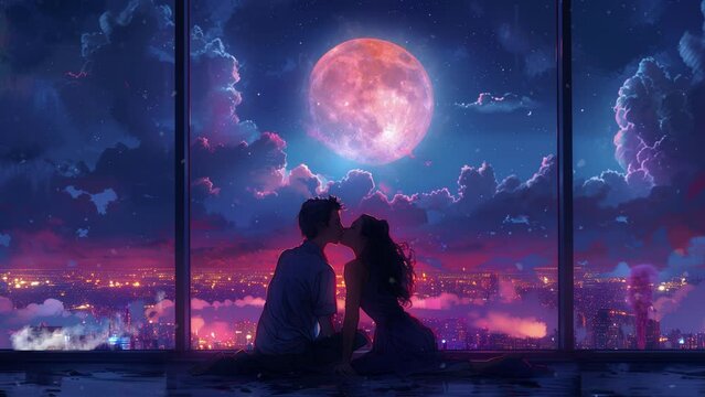 Romantic couple illustration, seamless loop, full moon, comic style, anime style, manga style, 4K 16:9