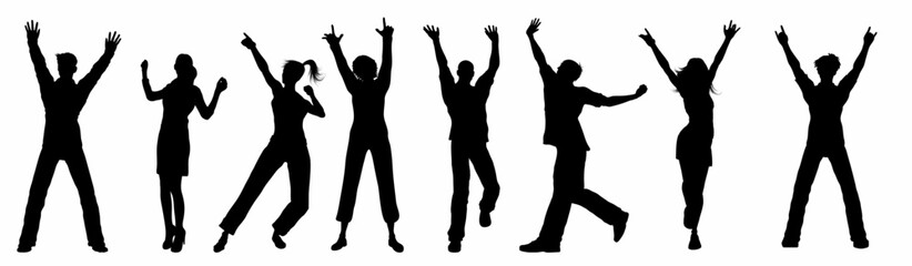 Silhouette of happy people. Silhouette of people jumping. People jump in different pose. excited, success, happy, joyful, celebrating and fun.