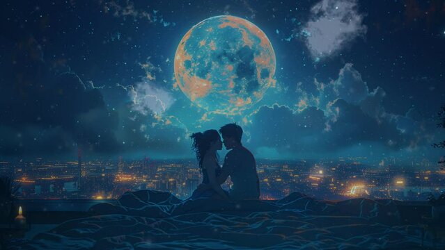 Romantic couple illustration, seamless loop, full moon, comic style, anime style, manga style, 4K 16:9