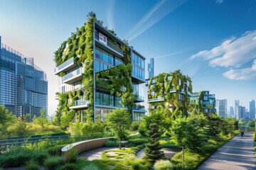 A modern cityscape featuring green buildings with innovative sustainable designs, incorporating energy-efficient technologies and eco-friendly materials