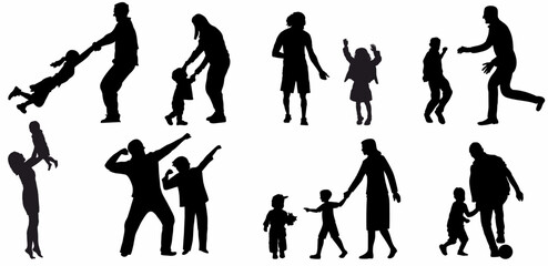 silhouette set of parents playing with their kids or children.