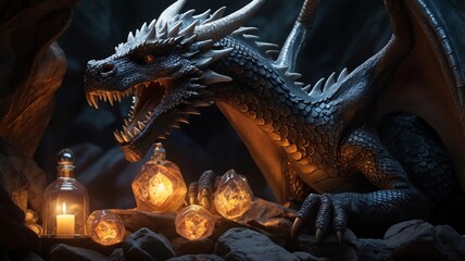 A large dragon is guarding the treasure in the cave