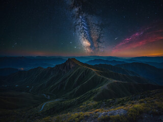 landscape from the top of mountains and night sky with stars and galaxy.