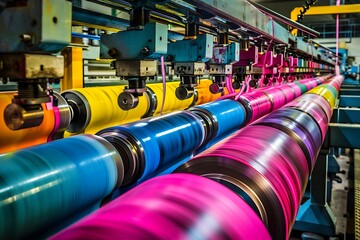 Industrial Offset Printing Press with Cyan, Magenta, Yellow Inks and Detailed Rollers