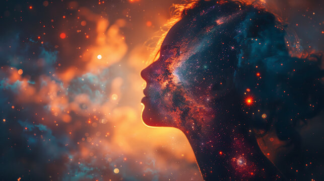 a woman's face in profile. The face is made up of stars and galaxies. The woman is looking to the right of the frame. The background is a dark blue night sky.