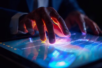 High-tech close-up of a businessman's hand interacting with a holographic