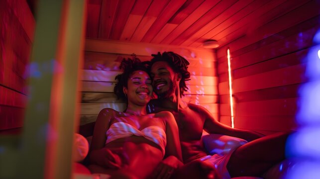 Smiling laughing couple using a sauna together