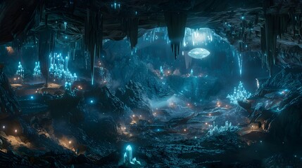 A vast, underground cavern with luminescent crystals and a hidden elven city, soft lights illuminating the stone structures