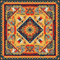 print design in the style of ethnic carpet patterns, Aztec art and African textile designs