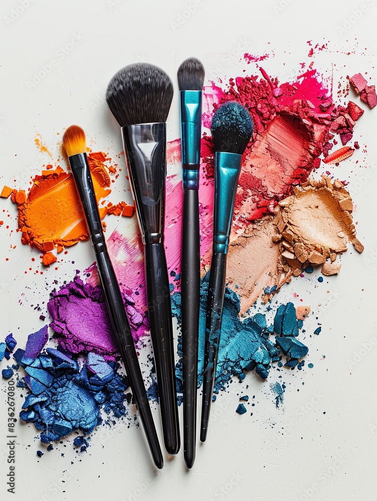 Poster a close-up view of makeup brushes covered in colorful eyeshadow and blush on a white background. gen
