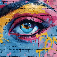 A colorful eye is painted on brick wall