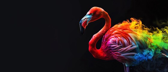 Flamingo covered in rainbow fire apron, Elegant flamingo silhouetted in the black, a symbol of LGBTQIA grace