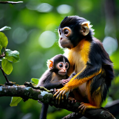 Naklejka premium black capped squirrel monkey sitting on tree branch with its cute little baby with forest in background generate ai