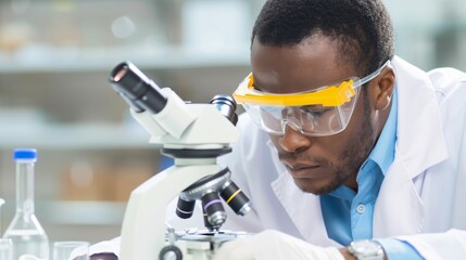 Thoughtful African American male scientist wearing a lab coat and safety goggles while working with a microscope in a high-tech laboratory