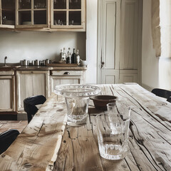 italian rustic kitchen and washed wooden dining  table