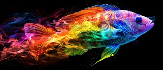 Rainbow Cichlid covered in rainbow fire apron, Glowing rainbow cichlid in the depths, symbolizing LGBTQIA diversity