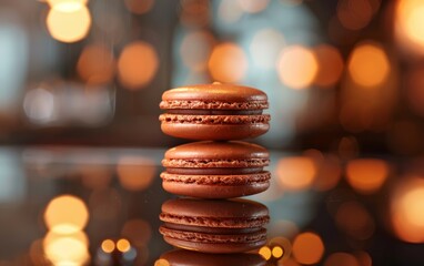 Obraz premium Elegant chocolate macarons stacked on reflective surface with bokeh lights in the background, creating a festive ambiance.