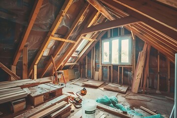 Obraz premium Attic Renovation Under Construction with Wooden Beams and Sunlight