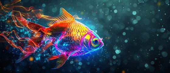 Fototapeta premium Rainbow Fish covered in rainbow fire apron, Radiant rainbow fish shimmering in obsidian waters, representing LGBTQIA inclusivity