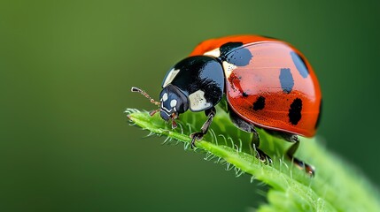 Fototapeta premium Close-up macro shot of a ladybug perched on the edge of a small green leaf, with intricate details of its spots and texture.