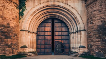 Fototapeta premium the architectural grandeur and defensive features of a Romanesque fortress gate, highlighting its arched entryway, massive wooden doors.