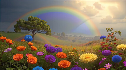 beautiful colorful summer flowers in Africa against the background of a beautiful wonderful rainbow during the rain, fantasy, romantic dreamy mood,	
