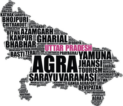 Uttar Pradesh state of India map silhouette word cloud illustration