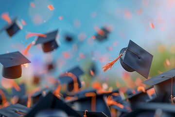 Graduation Caps in Air Against Blue Sky Celebrating Academic Success