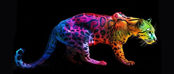 Rainbow Ocelot covered in rainbow fire apron, Sleek rainbow ocelot prowling in the shadows, symbolizing LGBTQIA stealth