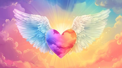 Angelic Rainbow Heart in Colorful Sky - Flat Design Illustration with Soft White Wings for Love and Hope Concepts