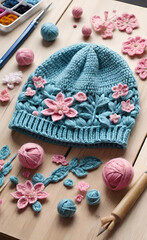 A beautiful hat is crocheted from beautiful yarn in an art studio. embroidery and crocheting from yarn, home hobby, handmade