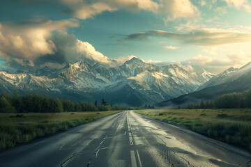 Landscape with road and mountains - High details, 8K UHD. A breathtaking view showcasing a scenic road winding through majestic mountains.