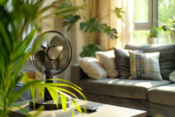 Living room interior with modern electric fan on coffee table, closeup - High details, 8K UHD. A beautifully lit living room highlighting a sleek electric fan.