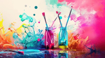 Jar of paint brush with colorful smoke, background